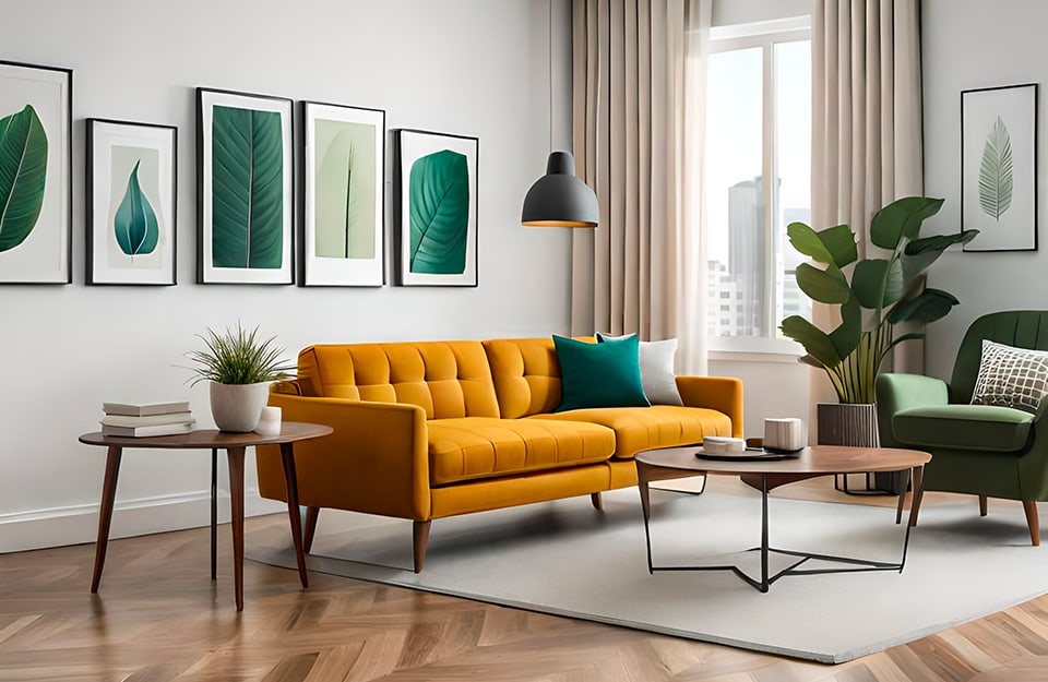 Vista angolata di un salotto in stile moderno ed essenziale, con pareti bianche, divano senape, cuscini grigi e verdi e quadri a tema naturalistico con soggetti verdi