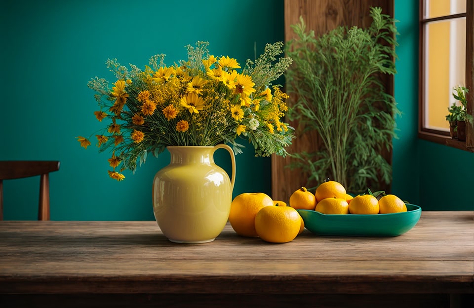 Composizione con vaso color giallo vaniglia con fiori gialli e accanto delle arance, su un tavolo in legno e sulle sfondo una parete color turchese scuro