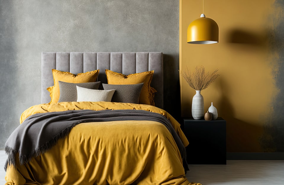 Camera da letto sui toni del senape e del grigio, che si alternano su pareti e biancheria