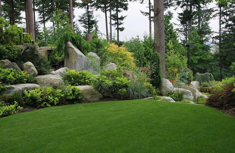 Un giardino grande e curato con un area in stile “giardino roccioso”