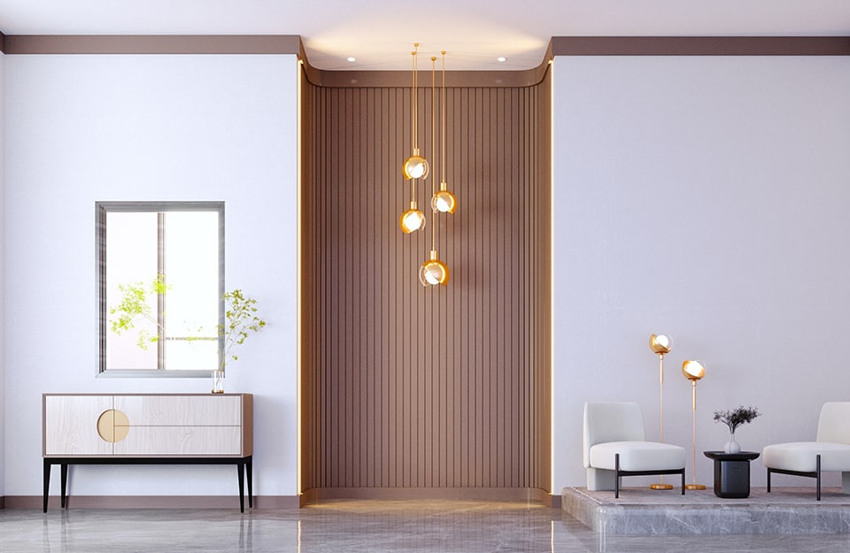 Salotto minimale con nicchia tondeggiante rientrante, che presenta una parete differente dalle altre, con listelli in legno, e ospita unicamente un lampadario a quattro globi