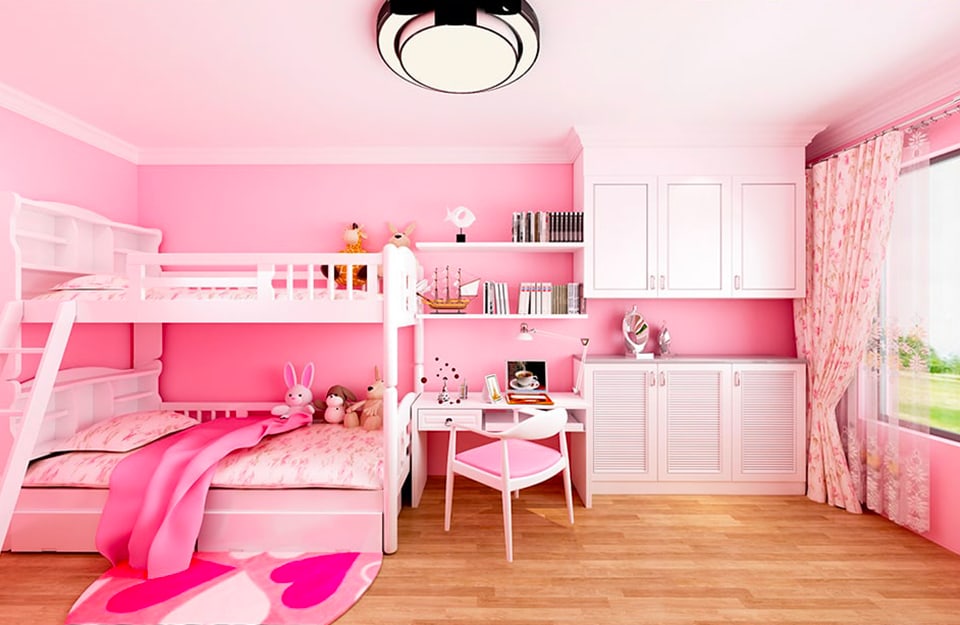 Little girls' bedroom with bunk beds, desks, shelves and wardrobes all in shades of pink, like the linen and walls. The floor is parquet