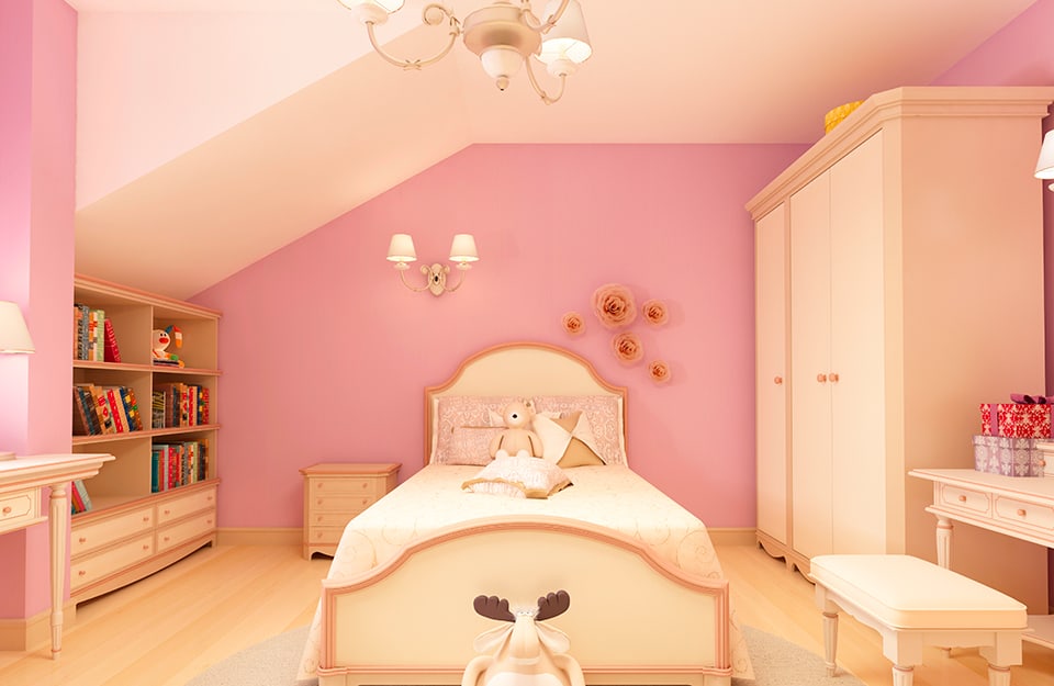 Attic room transformed into a small bedroom with pink walls, a vintage shaped bed, rose decorations on the wall, a large wardrobe to the right of the bed and a shelf with games and books to the left of the bed