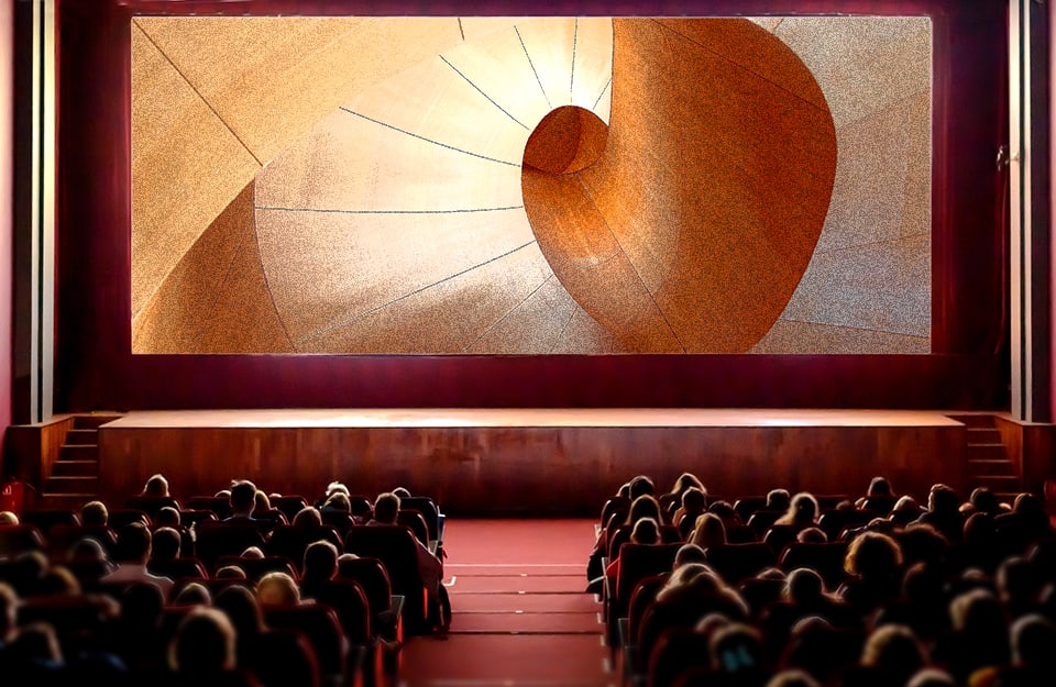 Sala di un cinema con spettatori che guardano un film sull'architettura sul grande schermo