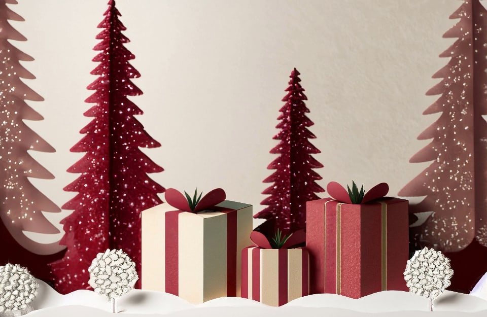 Composizione decorativa natalizia in carta, con alberi di Natale e pacchetti, tutto in carta, sui toni del bordeaux, del bianco e del crema