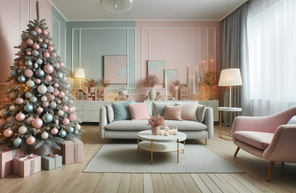 Salotto decorato per Natale interamente in colori pastello (celeste, rosa, bianco e grigio), con Albero di Natale, sofà, poltrona, tavolino da caffè, tappeto, due consolle sul fondo, piene di soprammobili