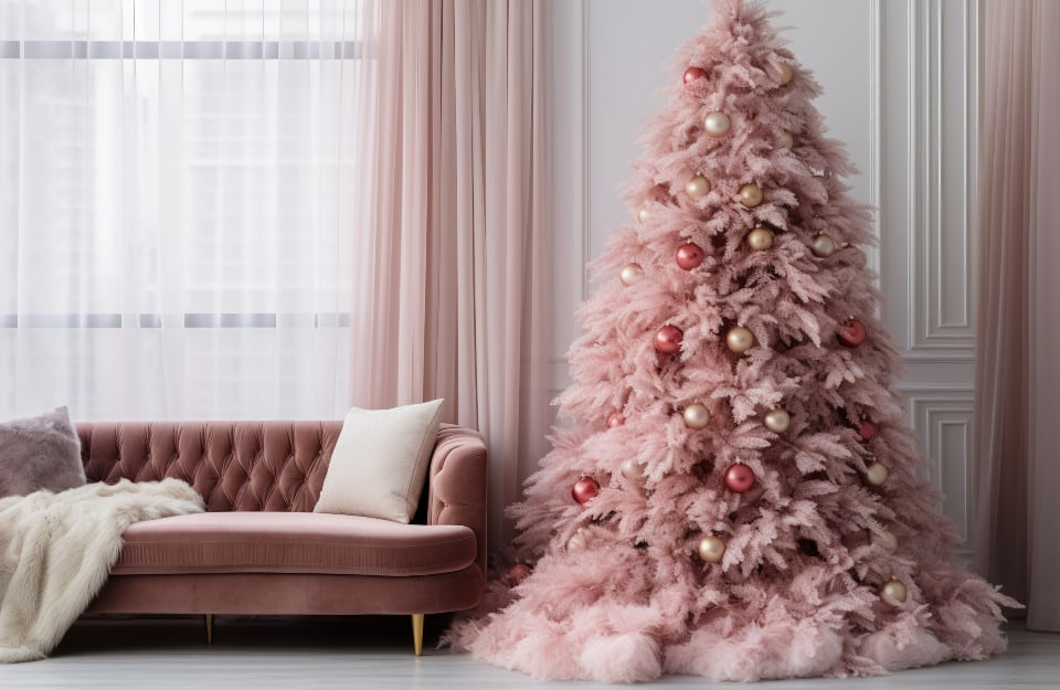Salotto con divano vintage trapuntato rosa scuro antico e albero di Natale rosa con palline rosa pastello e magenta