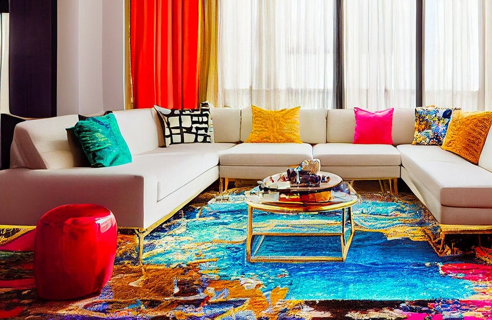 Salotto con grande divano a U e cuscini di colori diversi sopra un grande tappeto multicolore dai toni accesi