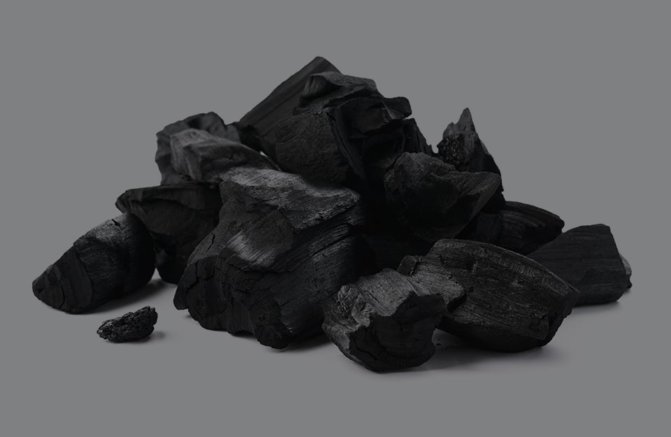 Dei pezzi di carbone vegetale su sfondo grigio