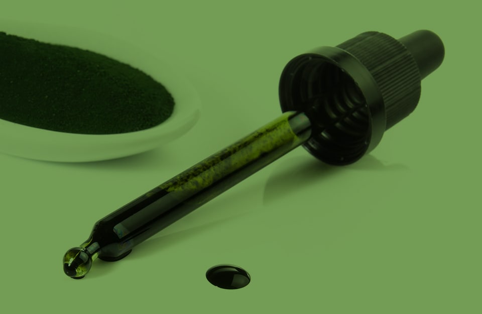Un contagocce contenente del pigmento di clorofilla, con accanto un piattino pieno di liquido e una goccia caduta su una superficie verde