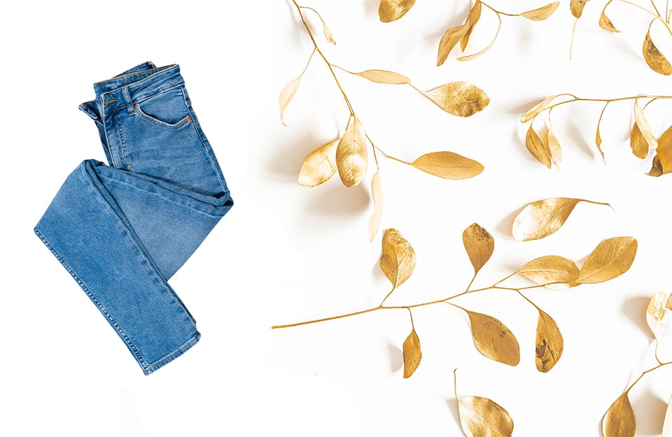 I due elementi che rappresentano i colori con la d, e cioè dei jeans per il denim e delle foglie dorate per il dorato