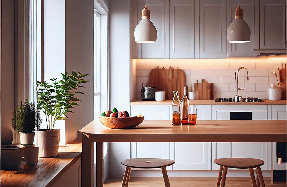 Una cucina in stile scandinavo, con molto legno, mobili bianchi e in legno naturale, piastrelle bianche e molte piante