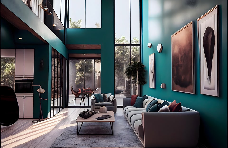 Grande e luminoso open space pieno di vetrate, con salotto composto da sofà, poltrona e tavolino da caffè, affacciato sul cortile e adiacente a una cucina che si intravede sulla sinistra. Le pareti, di una tonalità tra il verde e il blu, sono piene di quadri
