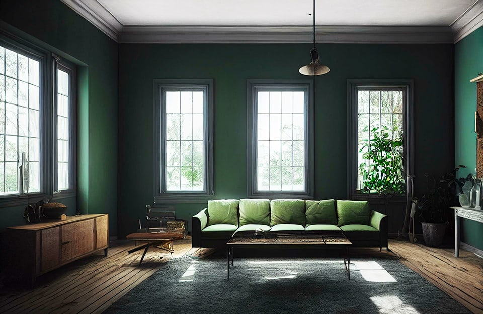 Un salotto con molte finestre sui toni scuri del verde e del legno naturale, con un grande sofà verde al centro della stanza, su un tappeto scuro di grandi dimensioni