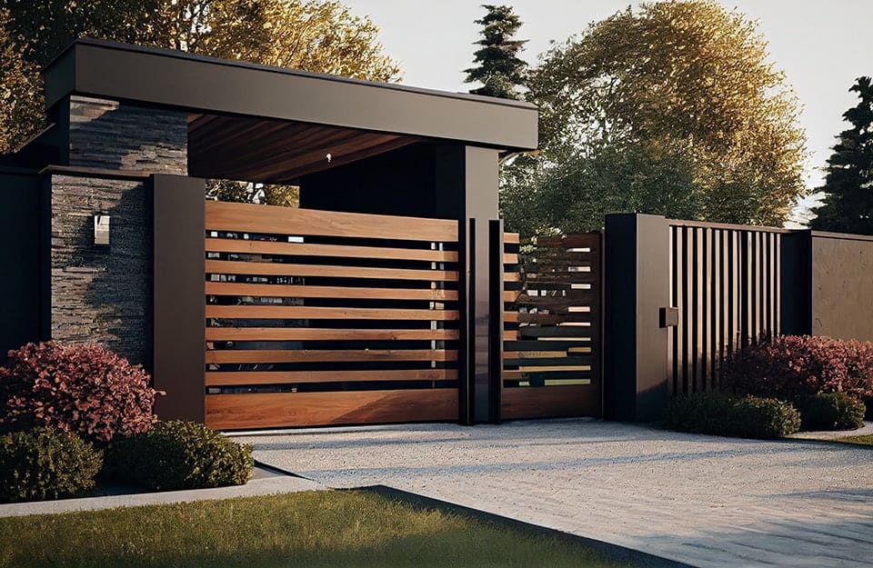 Esterno di una casa in stile moderno, con cancello in legno naturale