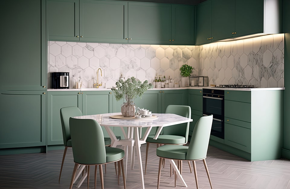 Una cucina con mobili color verde salvia, piastrelle esagonali bianche marmorizzate, tavolo bianco e sedute color verde salvia