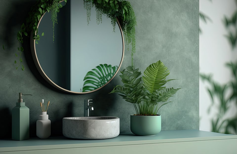 Dettaglio di un lavandino e uno specchio rotondo in un bagno dalle pareti color verde salvia con molte piante