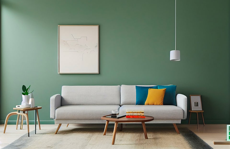 Un salotto con pareti color verde salvia con sofà grigio in stile scandinavo, cuscini di diversi colori, due tavolini bassi, lampada bianca, tappeto di colore neutro e, appeso alla parete, un disegno su sfondo bianco