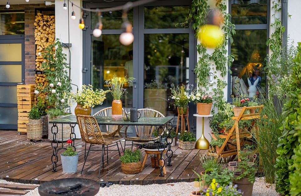 Accogliente cortile esterno decorato con molte piante e fiori in vasi di tutte le dimensioni, con una tavolo di design in ferro battuto e sedie