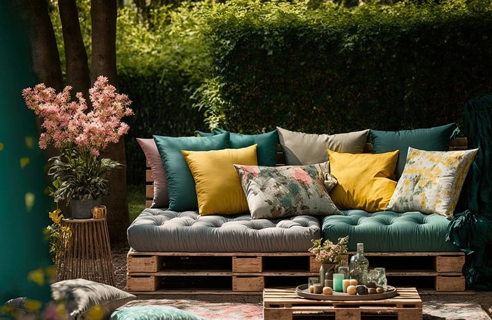 Patio in estate con divano realizzato con pallet e grandi cuscini colorati, un tavolinetto anch'esso prodotto con un pallet, il tutto decorato con molte piante e fiori