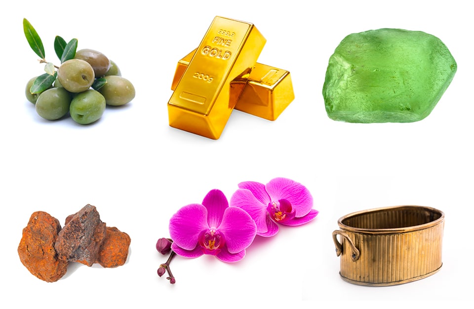 Alcuni degli elementi che rappresentano i colori con la O: olive, oro, olivina, ematite, orchidea e ottone
