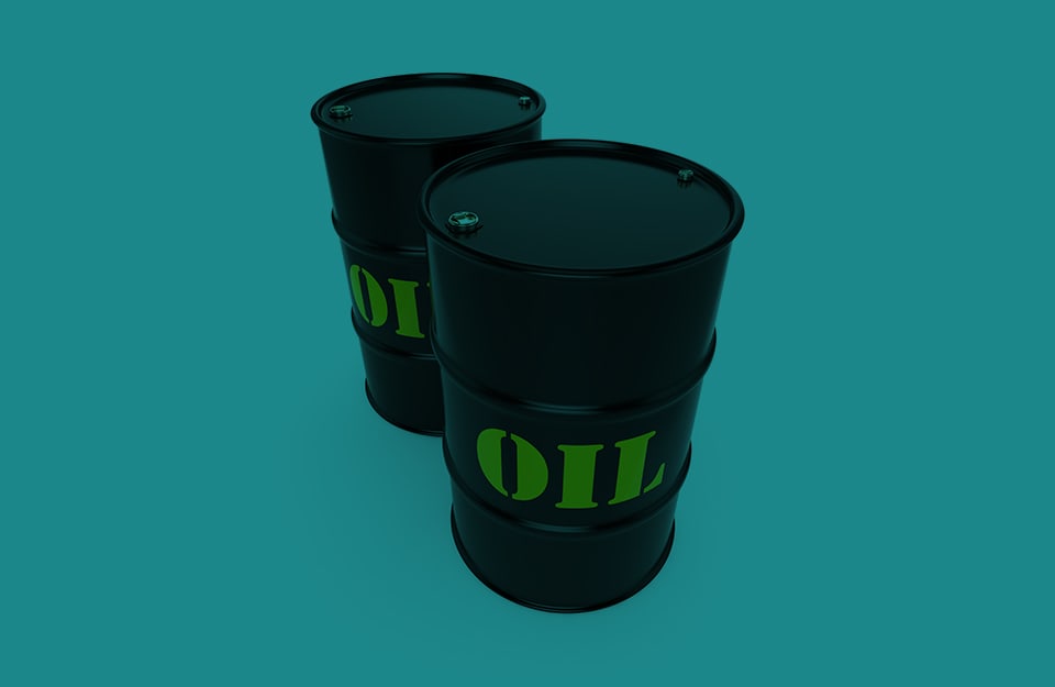 Due barili di petrolio su sfondo color petrolio