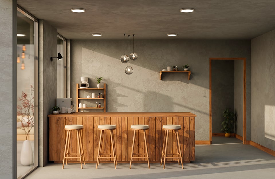 Angolo bar in legno in stile scandinavo in una stanza dall'atmosfera modernista