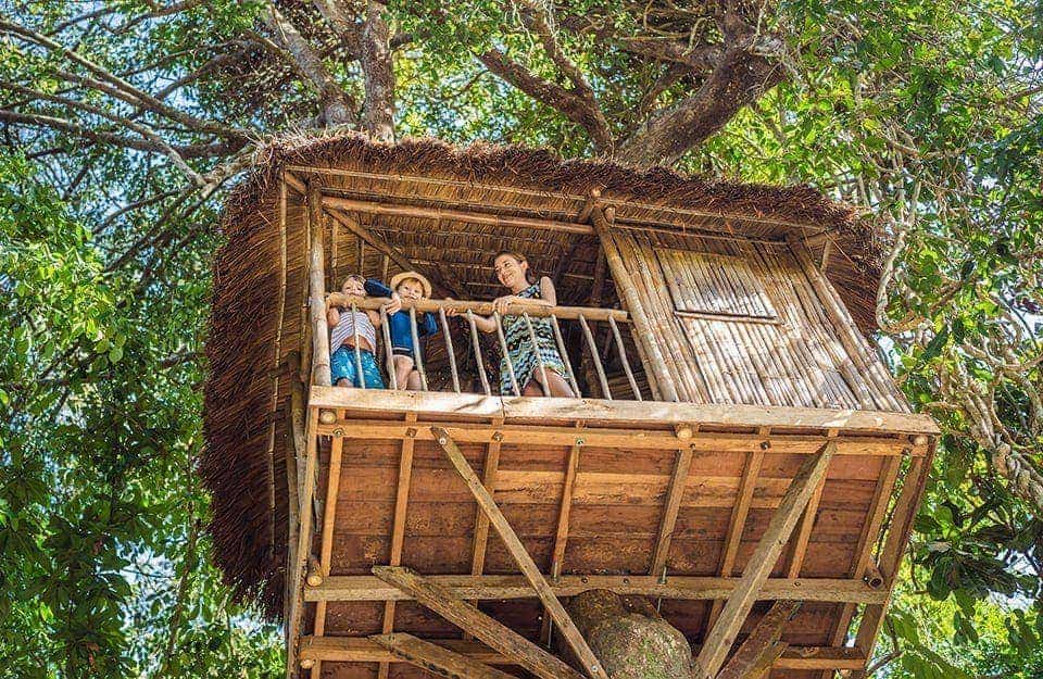 Vista da sotto di una casa sull'albero in legno con due bambini e una donna affacciati al terrazzino 