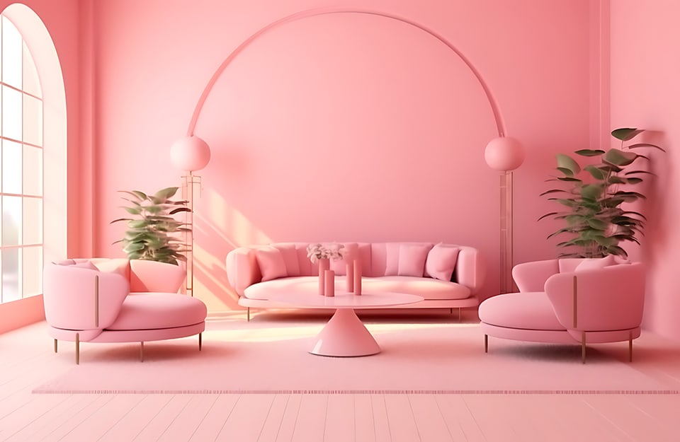 Salotto tutto sui toni del rosa, con pareti e pavimento rosa, sofà, poltrone e tavolino da caffè dello stesso colore, con linee tondeggianti anni '70
