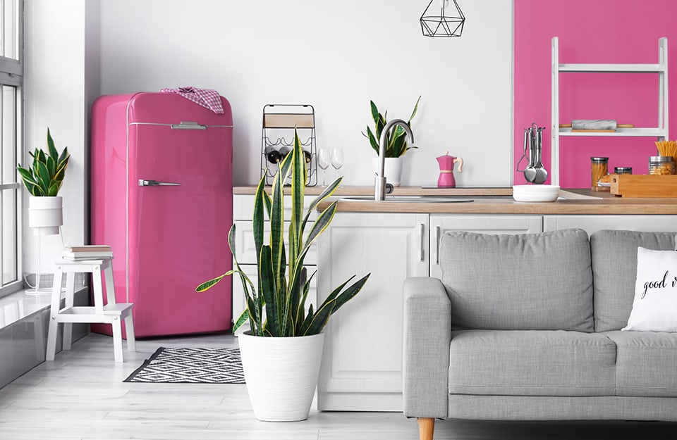 Un open space con cucina moderna sui toni del bianco e il rosa come colore d'accento su frigorifero bombato e su parte della parete