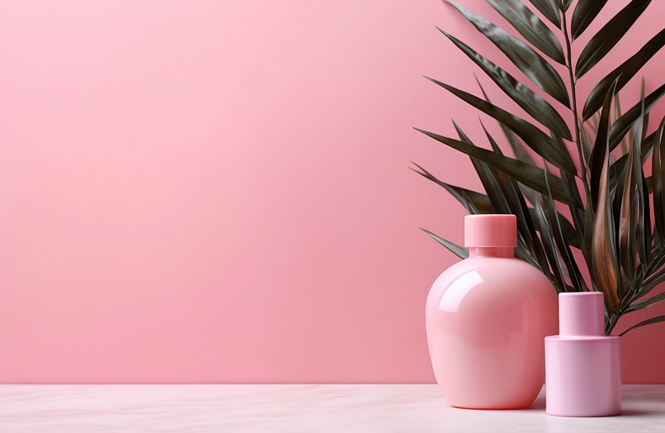 Dei vasi rosa con dietro delle foglie di una pianta e una parete pure rosa