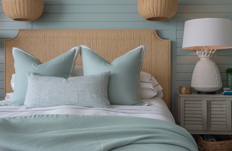 Dettaglio di una camera da letto in stile coastal, con pareti in legno azzurro, testiera del letto in rattan, coperte e cuscini azzurro pastello, comodino rustico e lampada