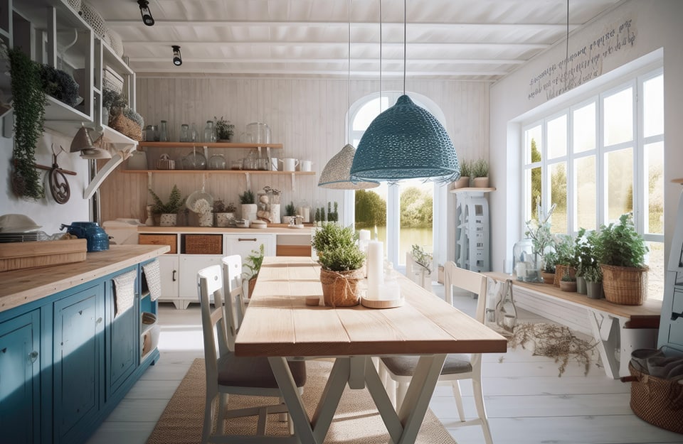 Grande cucina in stile coastal, pareti e soffitto (in legno) bianco, grande tavolo in legno con sedie bianche, lampadari bianchi e azzurri in vimini, mobili della cucina blu e bianchi, molti scaffali