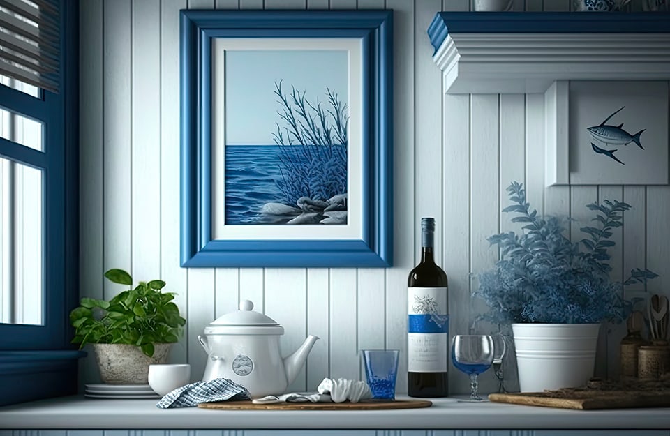 Angolo di una cucina in stile coastal, con boiserie in legno bianco, quadro cornice blu e stampa marina, altro quadro bianco con pesci, finestra blu, taglieri, teiera in ceramica bianca, bottiglia di vino con etichetta bianca e blu, piante e bicchieri