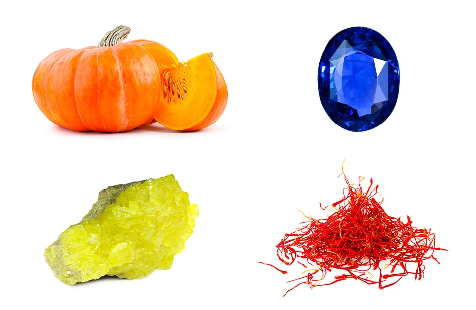 Composizione grafica con gli elementi che rappresentano i colori con la Z: zucca, zaffiro, zolfo e zafferano