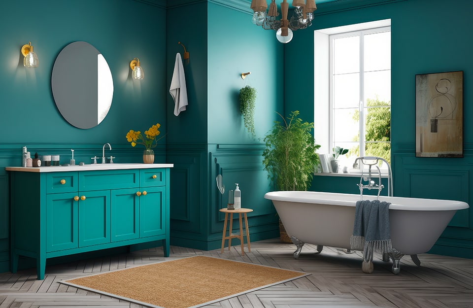 Un bagno con pareti e mobili color turchese scuro, specchio circolare, vasca da bagno, piante e finestra da cui entra luce