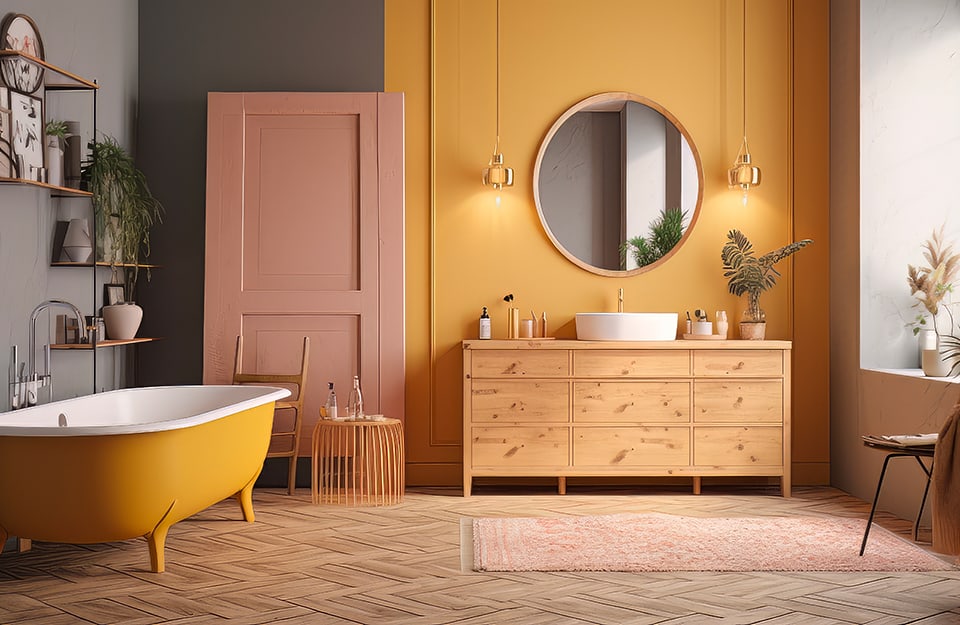 Bagno moderno in stile vintage con pareti di colori diversi (giallo e grigio tortora), parquet, vasca da bagno gialla, specchio circolare e porta rosa come il tappeto