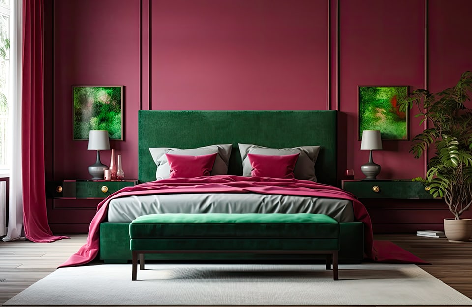 Camera da letto con pareti bordeaux decorate con cornici, letto con testiera verde, che richiama la panca ai piedi del letto. Le lenzuola e i cuscini sono bianchi e bordeaux