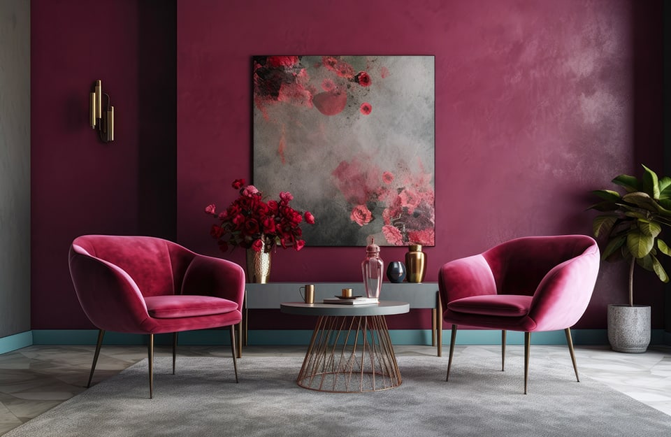 Salotto con pareti bordeaux, poltrone dello stesso colore, tavolo da caffè metallico circolare, consolle con sopra diversi vasi e dei fiori e, dietro, un grande quadro floreale