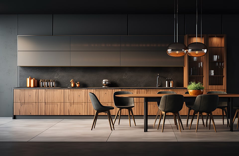 Vista frontale di una grande cucina moderna bicolore con parte inferiore in legno naturale e parte superiore scura, pareti grigio scuro, lampadari di design vintage, tavolo da pranzo e sedie minimali scure