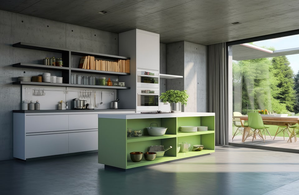 Cucina moderna in grande spazio dallo stile industriale con mobili bianchi e grigi scuri e isola verde, che rimanda al colore delle sedute da giardino che si intravedono al di là della grande vetrata