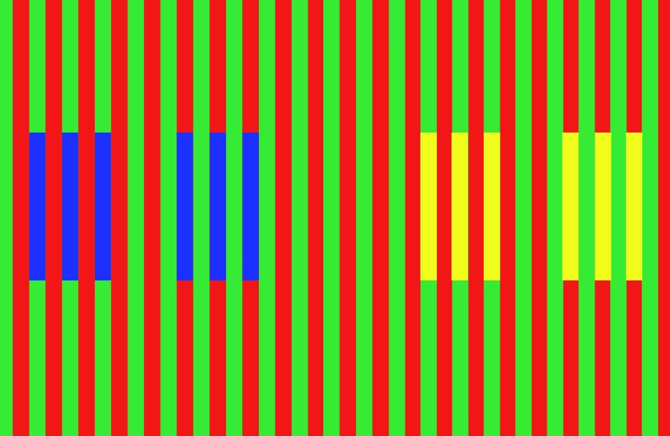Delle colonne di colore blu e di colore giallo, tra colonne di colore rosso e verde, per dimostrare il concetto di contrasto simultaneo nelle teorie della percezione