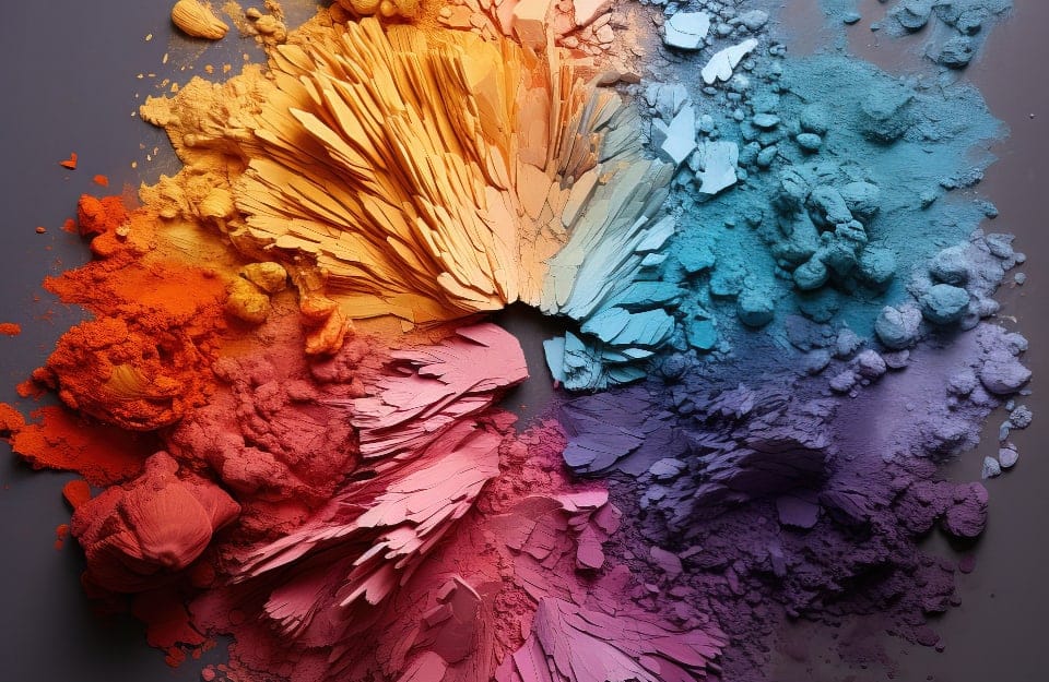 Dei pigmenti di diversi colori, in polvere e a scaglie, disposti a cerchio a formare una ruota cromatica, su sfondo grigio
