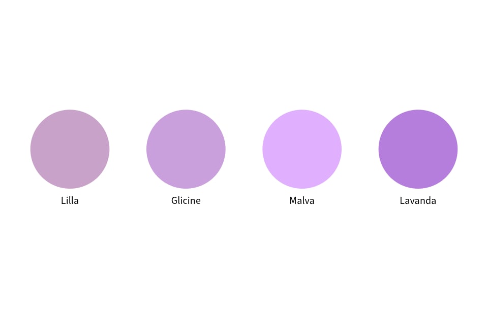 Quattro cerchi su sfondo bianco che indicano le differenze di sfumatura tra lilla, glicine, malva e lavanda