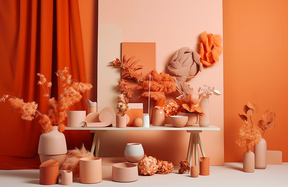 Una composizione di vasi sopra e attorno una panca in stile scandinavo in una stanza dominata dai colori rosa pesca e arancione