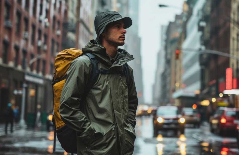 Un ragazzo vestito con abbigliamento da escursione, con giacca antipioggia e antivento, zaino da trekking e cappellino, in una trafficata strada urbana in un giorno di pioggia