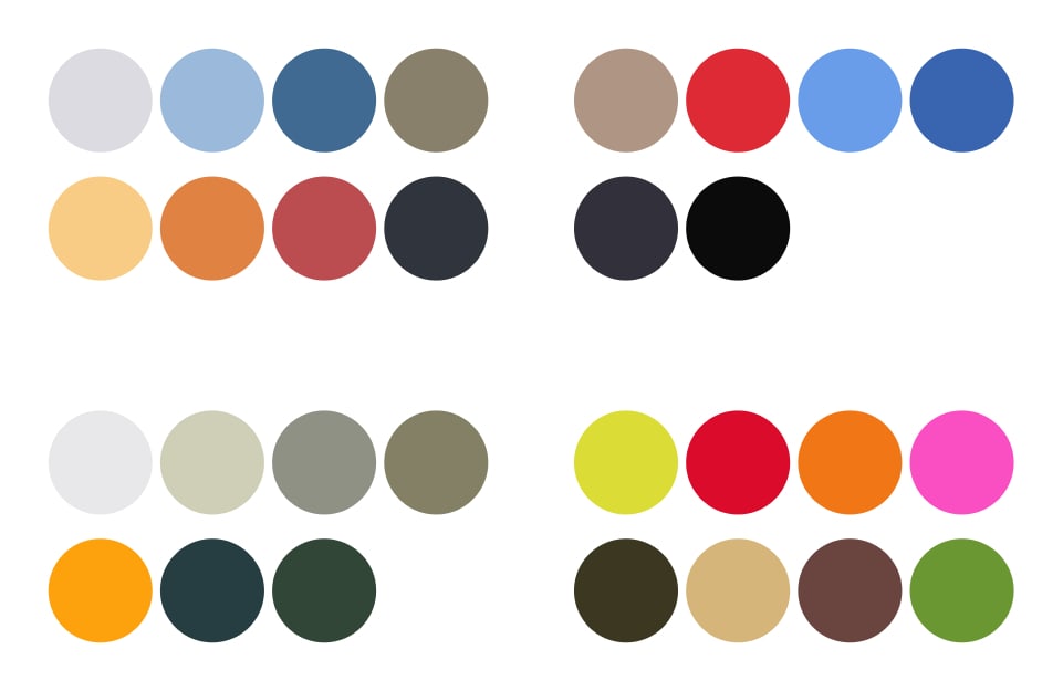 Quattro palette cromatiche ispirati ai colori della tendenza gorpcore
