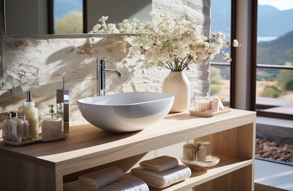 Dettaglio di un mobile da bagno in legno naturale con lavabo a semisfera in ceramica bianca, in una stanza molto luminosa e arredata giocando su texture diverse e molto naturali