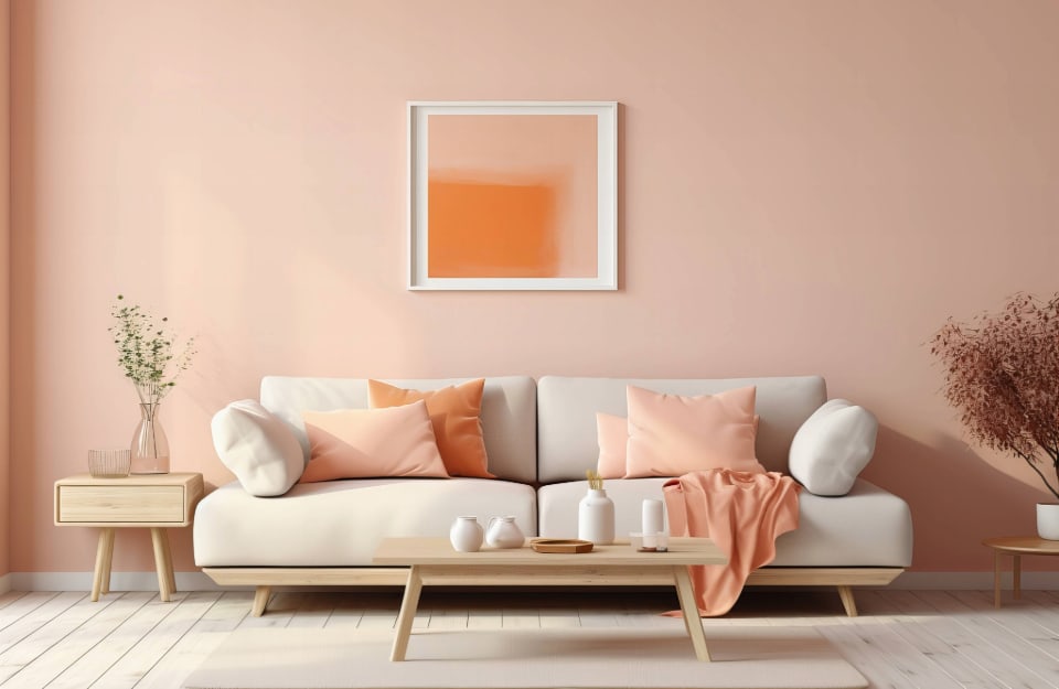 Salón de estilo moderno en tonos rosa melocotón, blanco cremoso y madera natural
