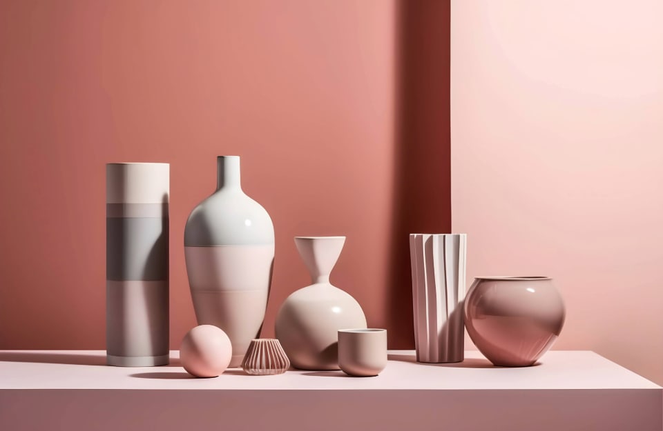 Composizione di vasi e oggetti di diverse forme con varie sfumature di colori pastello rosa e azzurri, con sullo sfondo una parete di un rosa terroso
